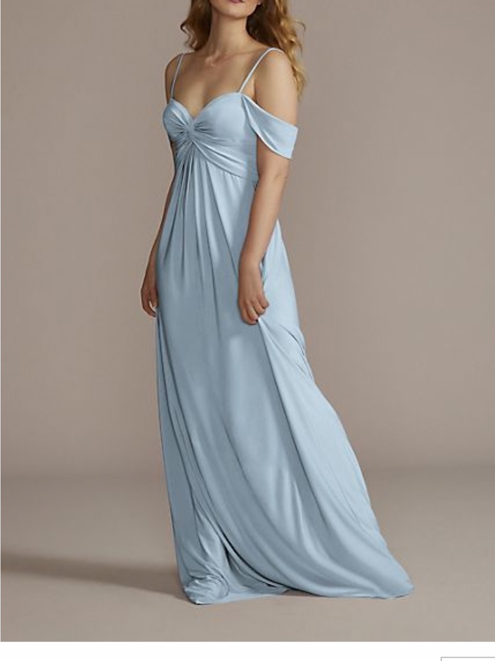 David's Bridal Dusty Blue Off-Shoulder Jersey Maxi Gown